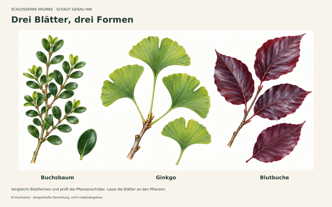 Drei botanische Studien: links ein Buchszweig mit gegenständigen ovalen grünen Blättern, in der Mitte fächerförmige Ginkgoblätter mit strahlenförmigen Adern, rechts purpurrote ovale Buchenblätter mit Seitennerven.