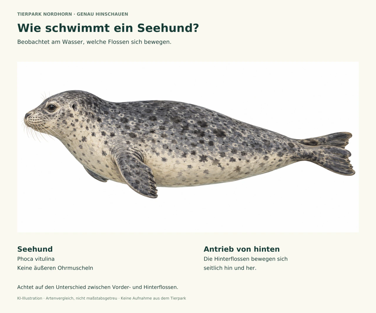 Seitliche Illustration eines gefleckten Seehunds ohne äußere Ohrmuscheln, mit kurzen Vorderflossen und nach hinten gerichteten Hinterflossen. Text erklärt den Antrieb durch die Hinterflossen.