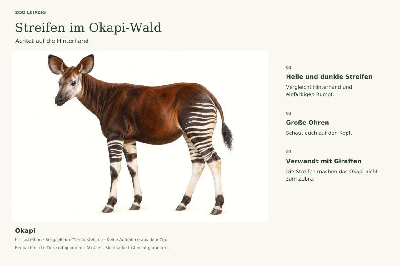 Illustration eines Okapis mit dunkelbraunem Rumpf, gestreiften Beinen und großen Ohren. Hinweise erklären die Zeichnung und die Verwandtschaft mit Giraffen.
