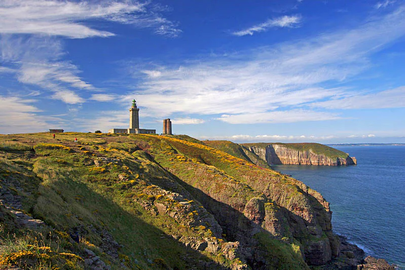 Yellow-flowered heath covers cliffs above blue sea, with two lighthouse towers beneath streaked clouds.