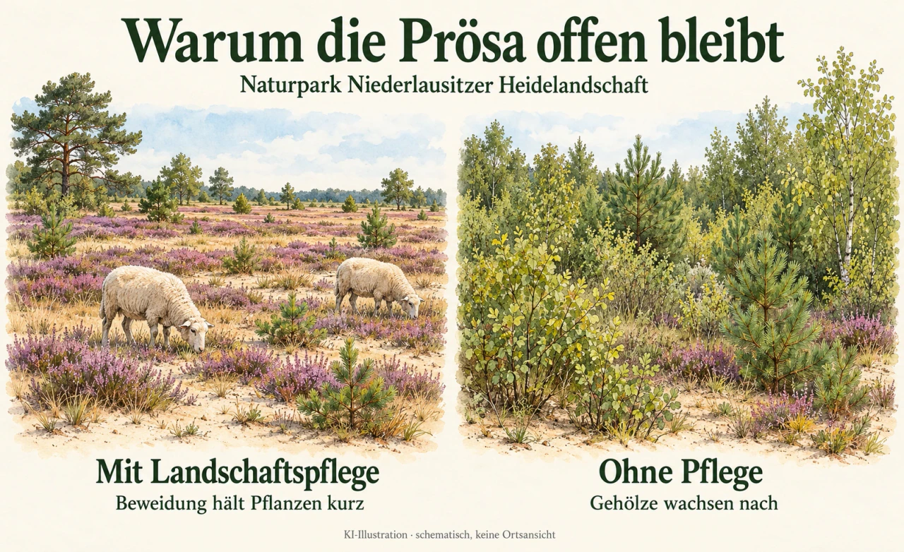 Zwei schematische Landschaften: links weidende Schafe zwischen niedriger Heide und Sandstellen, rechts aufwachsende Sträucher und junge Bäume.