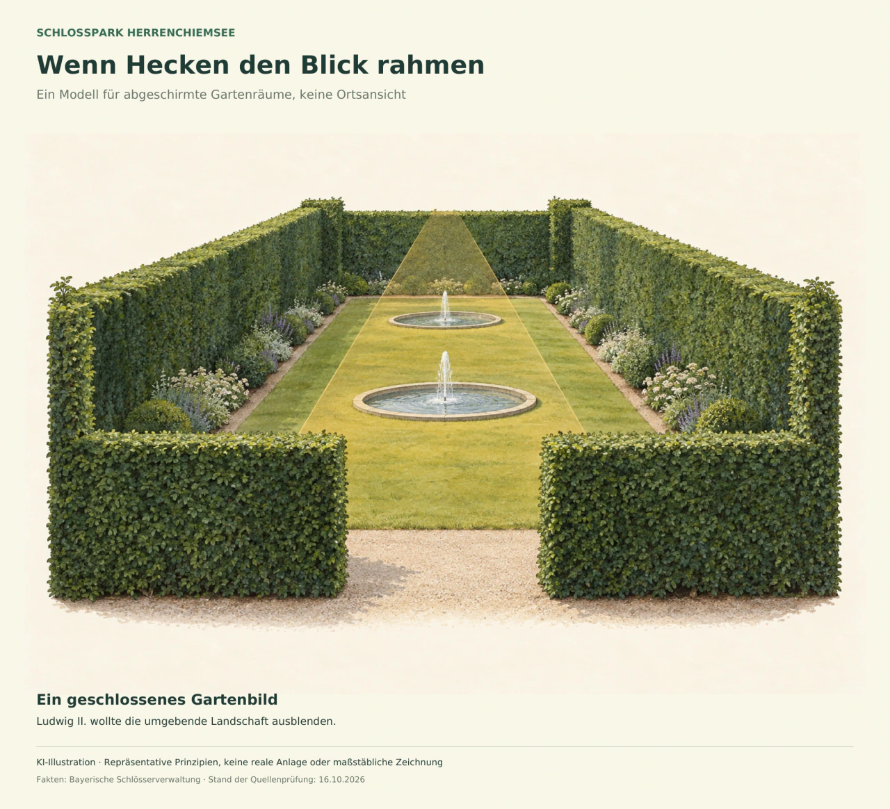 Ein illustrativer Gartenraum ist auf drei Seiten von hohen Schnitthecken eingefasst. Zwei einfache runde Brunnenbecken stehen im Rasen; ein heller Streifen betont die Blickachse.