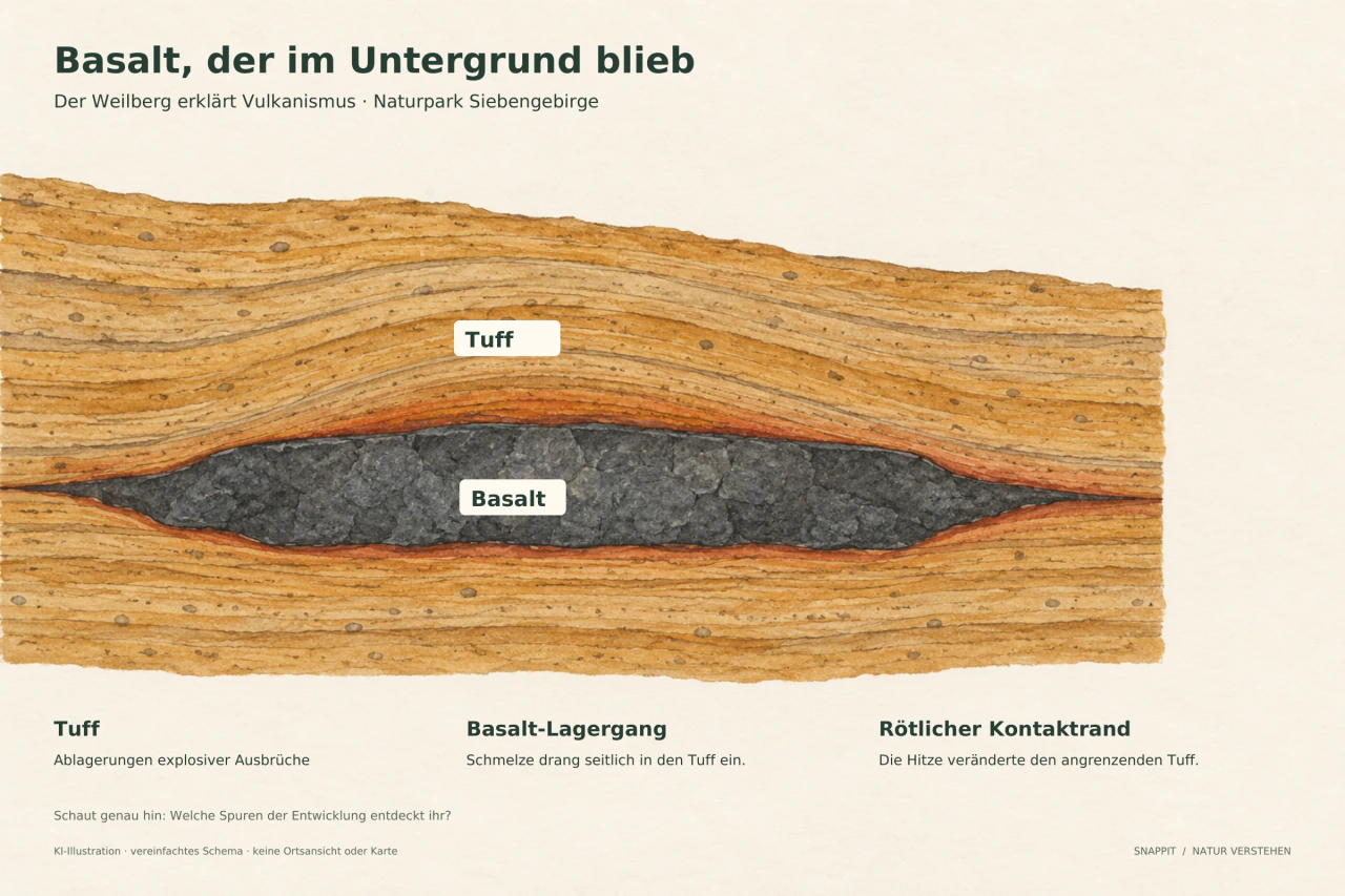 Schematischer Querschnitt: Ein dunkler, waagerechter Basaltkörper liegt in ockerfarbenem Tuff; ein rötlicher Saum markiert den erhitzten Kontakt.