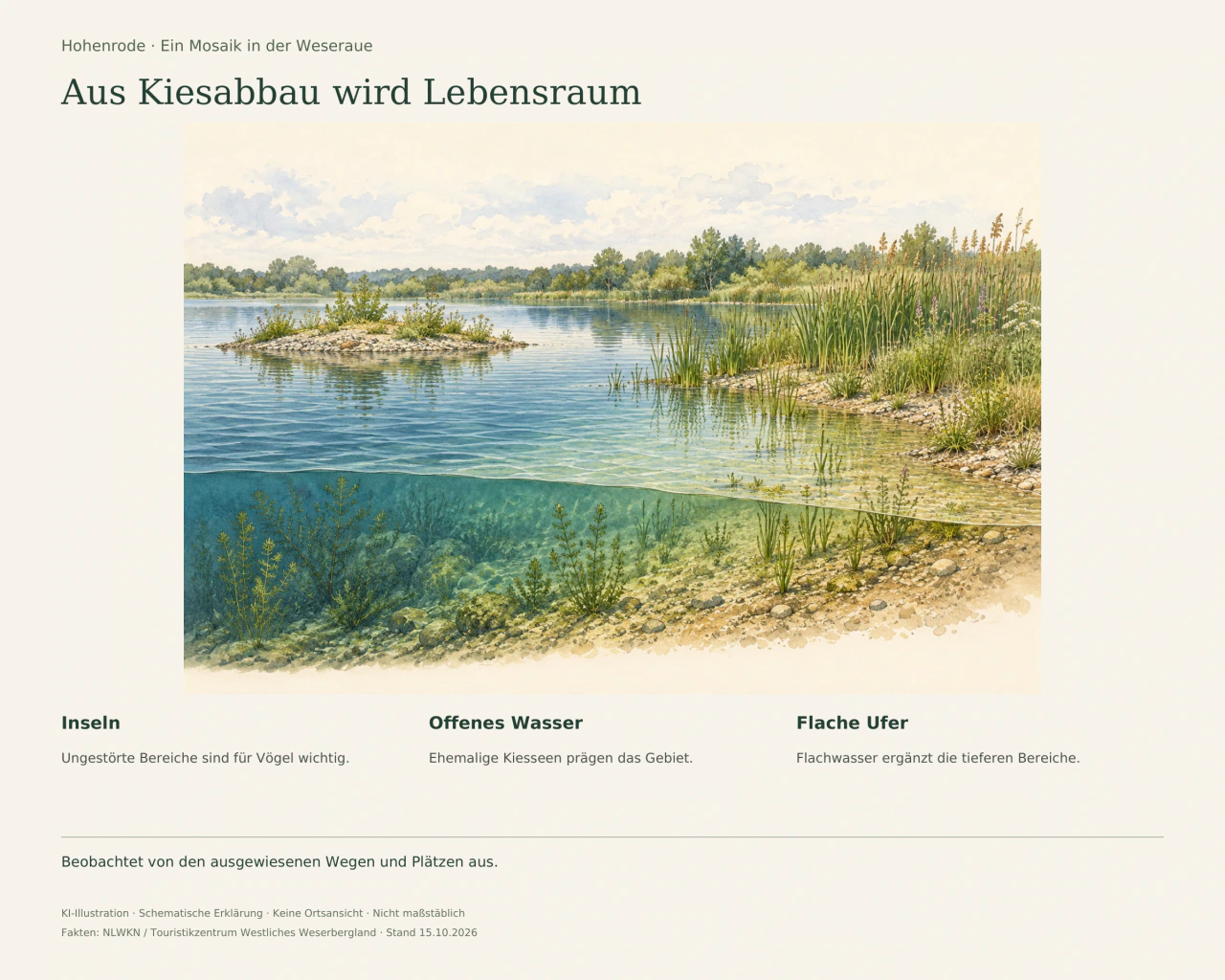 Schematische Auenlandschaft mit niedriger Insel links, offenem Wasser und flachem bewachsenem Ufer rechts; vorn ist der Grund im Schnitt sichtbar.