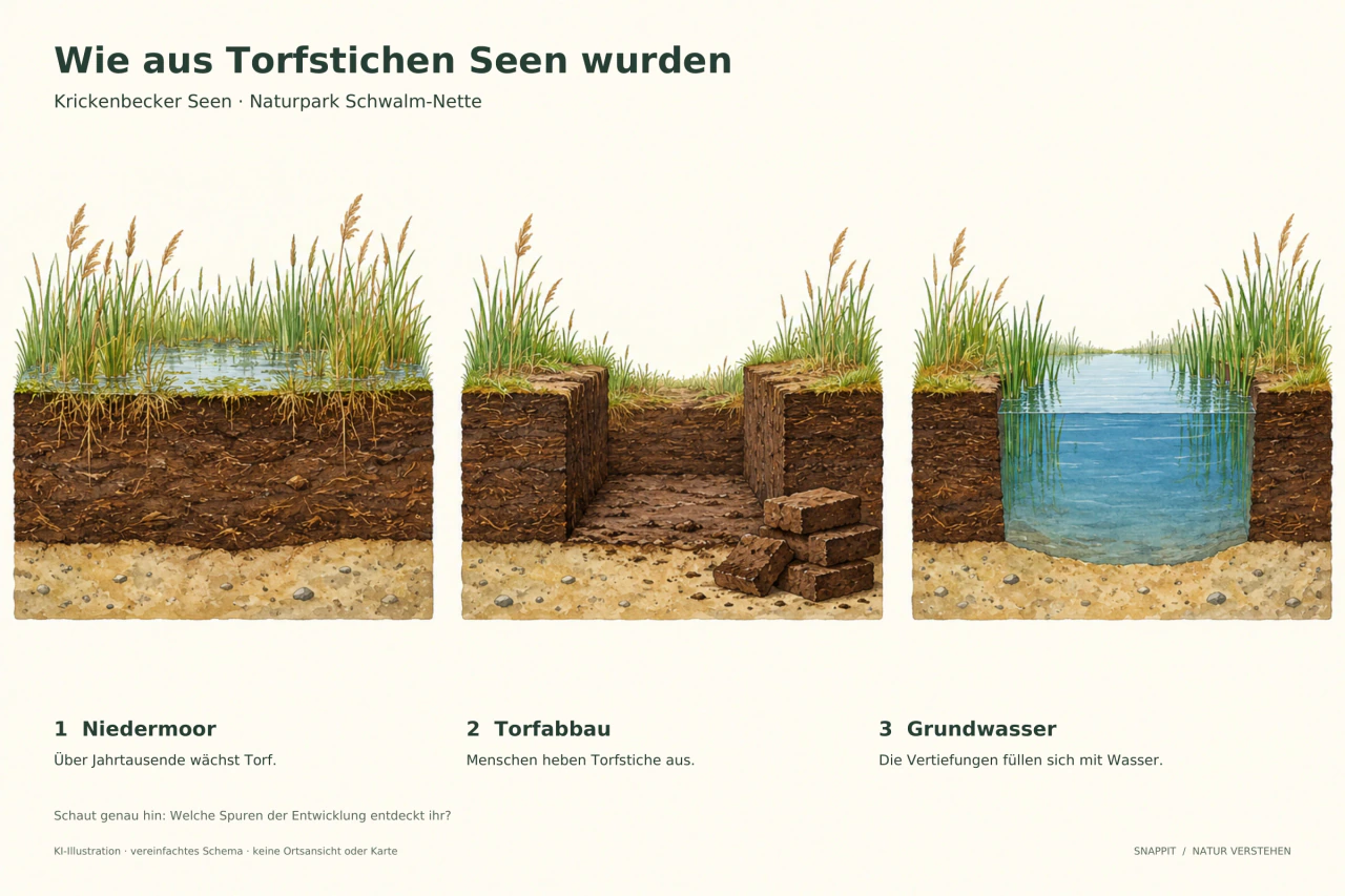 Drei Bodenquerschnitte zeigen ein torfbildendes Niedermoor, einen ausgehobenen Torfstich und die mit Grundwasser gefüllte Vertiefung.