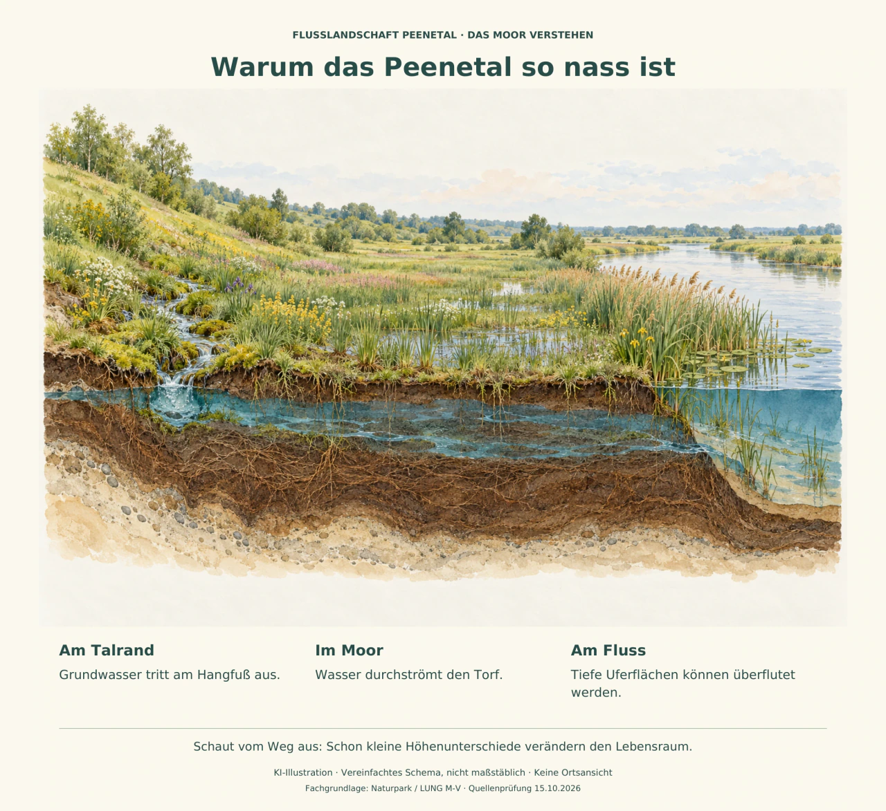 Schematischer Aquarell-Querschnitt vom quellnassen Talrand über durchströmten Torfboden zum schilfgesäumten Fluss.