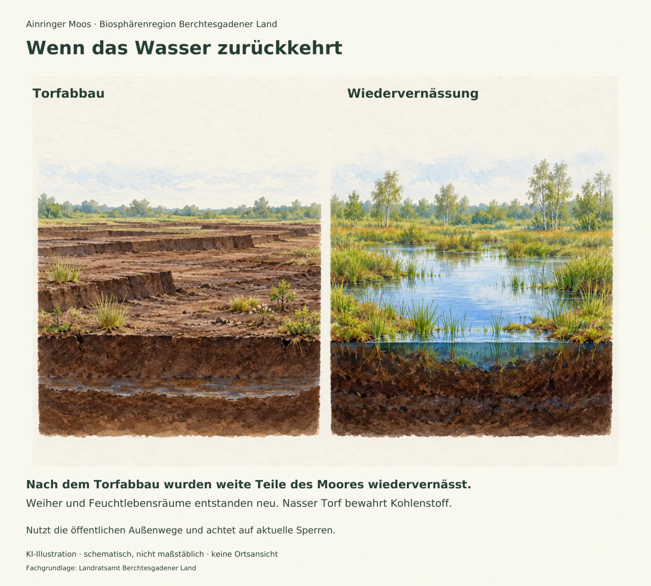 Zwei schematische Aquarellschnitte vergleichen freiliegenden Torf nach dem Abbau mit wiedervernässtem Torf, einem Weiher und Feuchtgebietsvegetation.