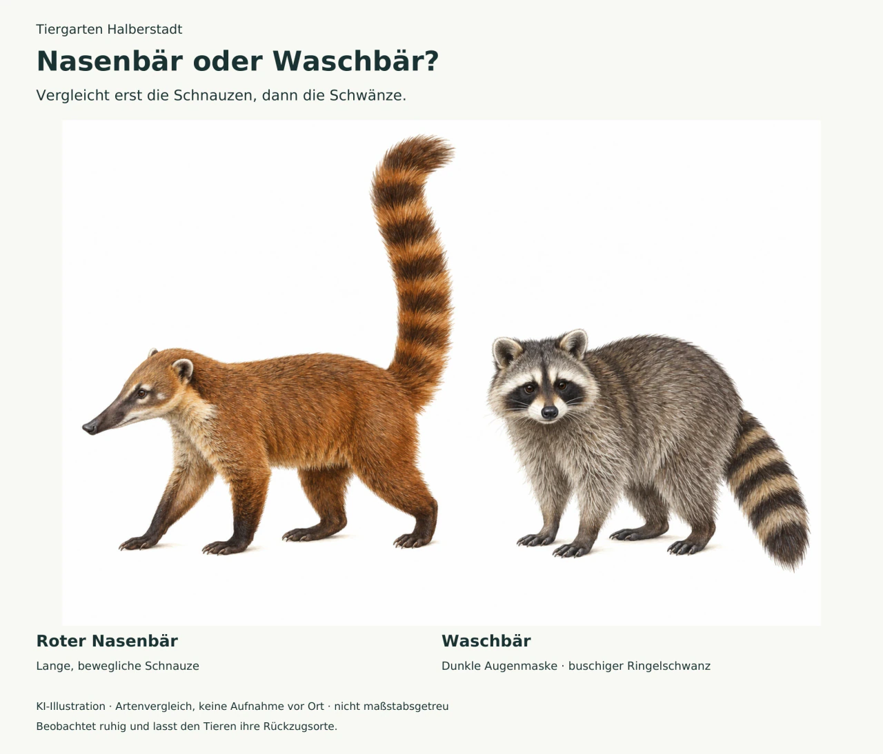 Roter Nasenbär mit langer Schnauze und aufgerichtetem Ringelschwanz neben einem Waschbären mit dunkler Augenmaske und buschigem Ringelschwanz.
