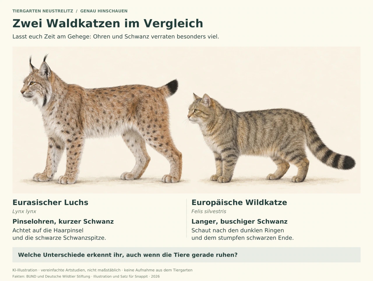 Links ein illustrierter Eurasischer Luchs mit Ohrpinseln, langen Beinen und kurzem schwarz endendem Schwanz; rechts eine Europäische Wildkatze mit längerem, buschigem Schwanz, dunklen Ringen und stumpfer schwarzer Spitze.