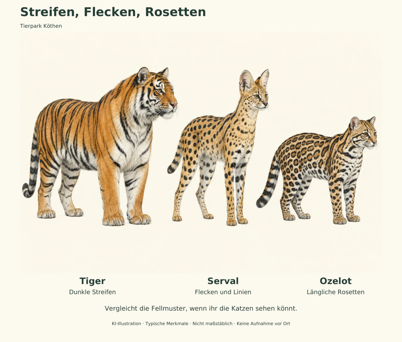 Drei gezeichnete Katzen nebeneinander: gestreifter Tiger, langbeiniger Serval mit Flecken und Ozelot mit länglichen Rosetten.
