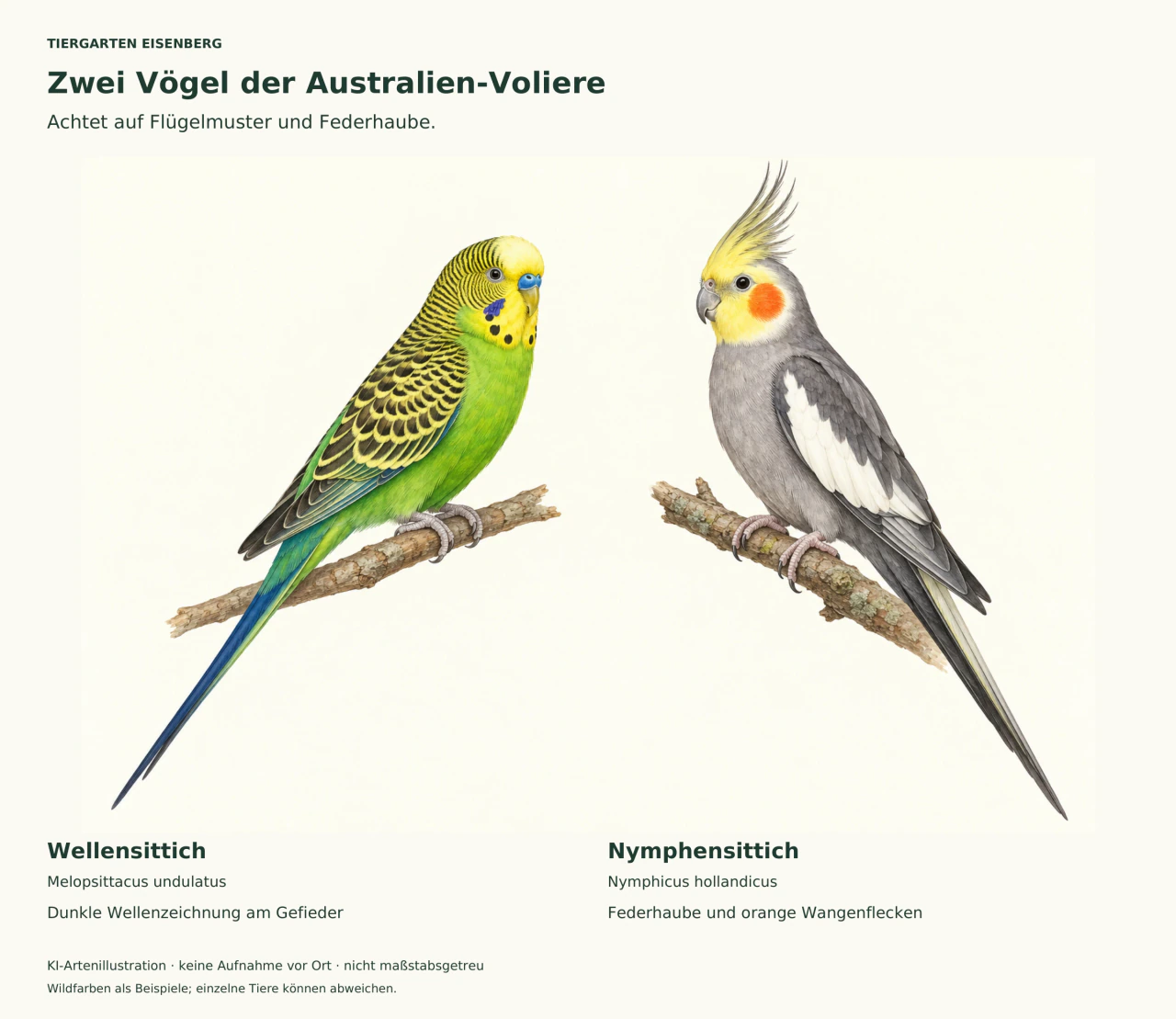 KI-Illustration zweier Vögel auf getrennten Zweigen: Links sitzt ein grün-gelber Wellensittich mit dunkler Wellenzeichnung, rechts ein grauer Nymphensittich mit gelber Federhaube und orangefarbenem Wangenfleck. Beide langen Schwänze sind vollständig zu sehen; darunter stehen deutsche Artennamen.