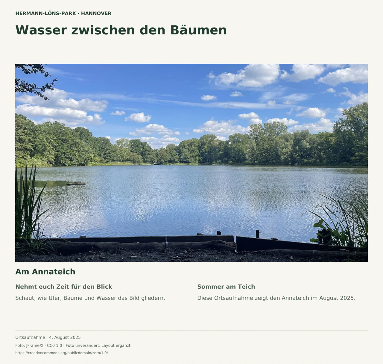 Sommerlicher Blick über den Annateich mit Wasserfläche, bewachsenen Ufern und dicht belaubten Bäumen im Hermann-Löns-Park.