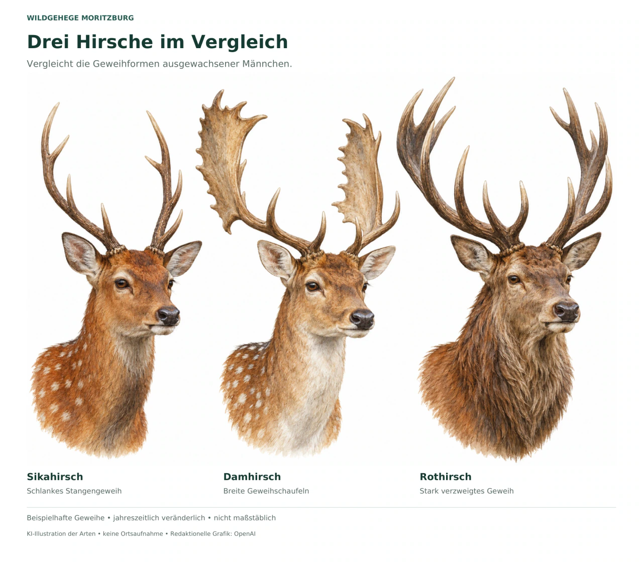 Drei illustrierte männliche Hirsche: links Sikahirsch mit schlanken Stangen, mittig Damhirsch mit Geweihschaufeln, rechts Rothirsch mit stark verzweigtem Geweih.