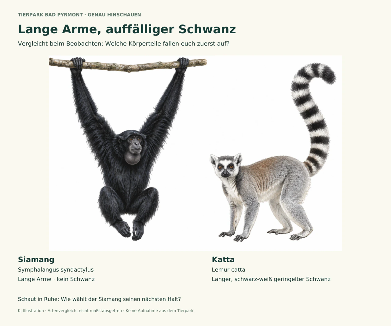 Illustration eines schwarzen, schwanzlosen Siamangs mit langen Armen an einem Ast und eines grauen Kattas mit langem schwarz-weiß geringeltem Schwanz.