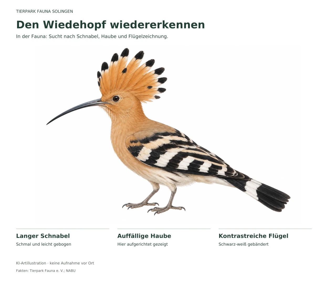 KI-Artillustration eines Wiedehopfs im Seitenprofil mit langem gebogenem Schnabel, aufgerichteter schwarz gespitzter Haube und schwarz-weißen Flügelbändern.