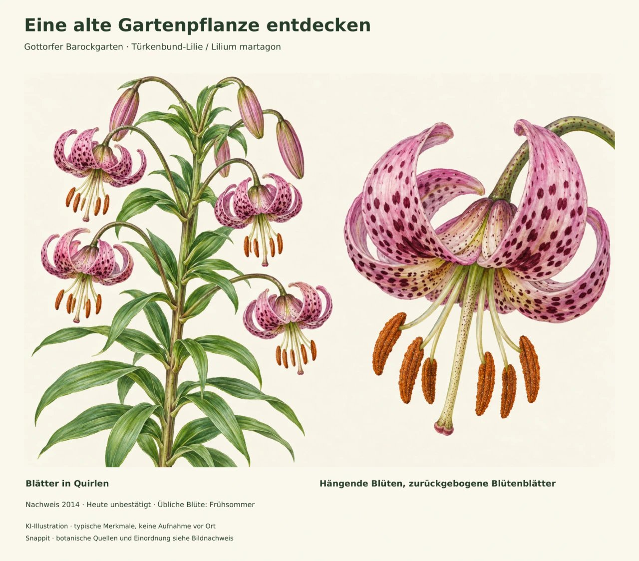 Botanische KI-Illustration der Türkenbund-Lilie mit grünen Blattquirlen und hängenden rosa, dunkel gefleckten Blüten; rechts eine stark vergrößerte Blüte.