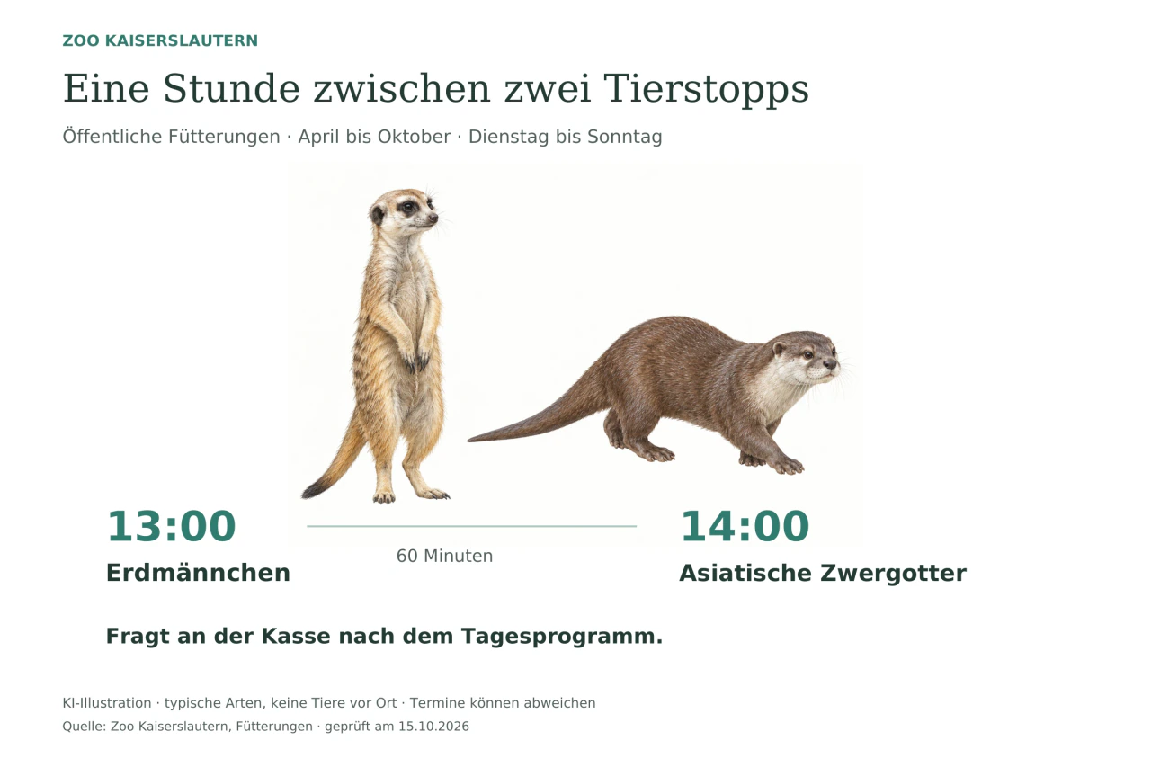 Illustrationen eines Erdmännchens und eines Asiatischen Zwergotters mit Fütterungszeiten 13:00 und 14:00 Uhr und einer Stunde dazwischen. April bis Oktober, Dienstag bis Sonntag; Tagesprogramm prüfen.