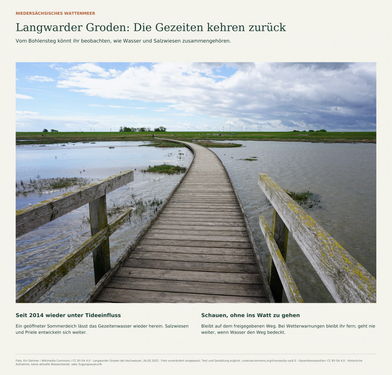 Ein Bohlensteg führt durch das bei Hochwasser überflutete Gelände des Langwarder Grodens. Begleittext erklärt die Rückkehr der Gezeiten seit 2014 und warnt davor, überflutete Wege zu betreten.
