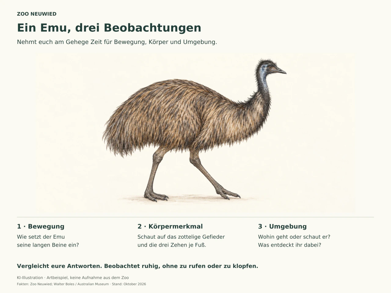 Illustration eines gehenden Emus mit zotteligem Gefieder und langen Beinen. Drei Aufgaben fragen nach Bewegung, Körpermerkmalen und Umgebung.