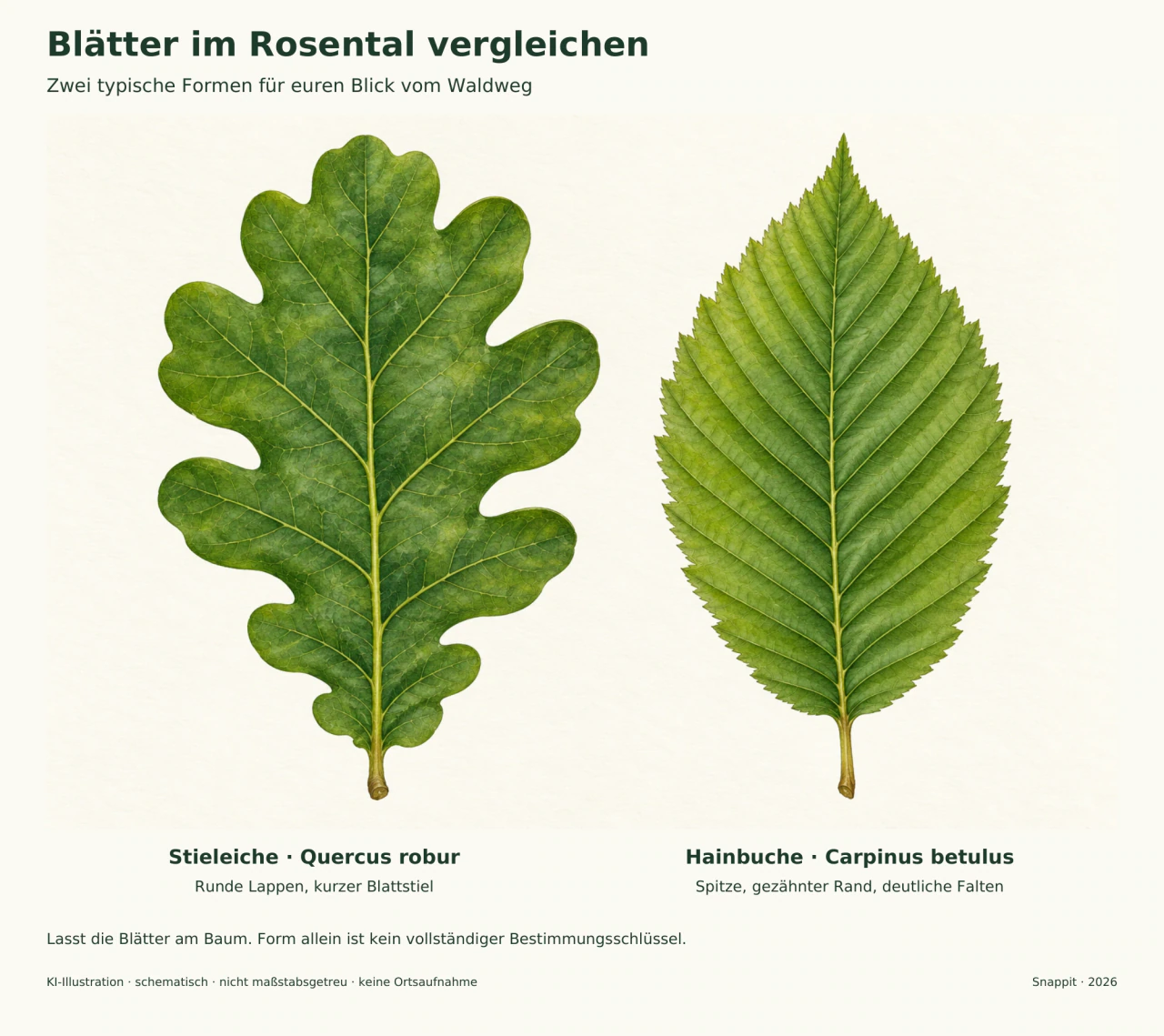 Links ein grünes Eichenblatt mit runden Lappen, rechts ein ovales, spitzes Hainbuchenblatt mit gezähntem Rand und kräftigen Seitenadern.