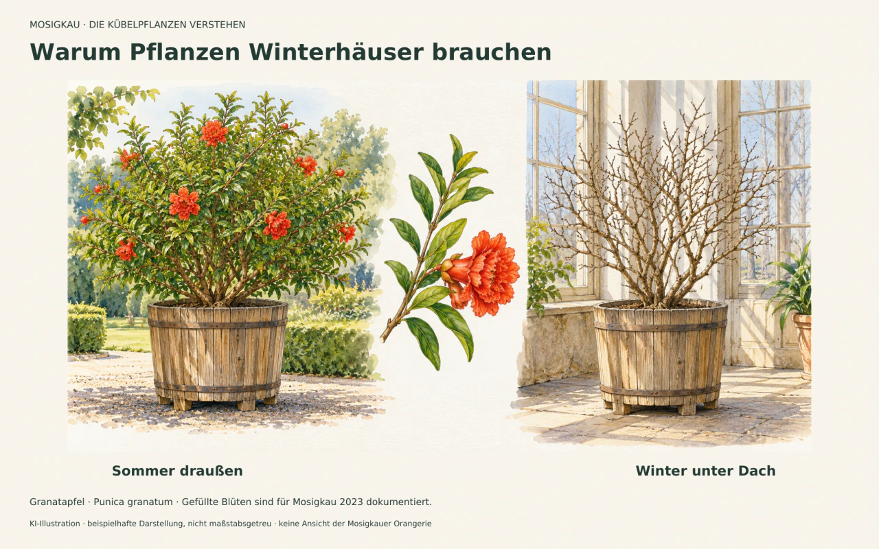 Links ein belaubter Granatapfel mit gefüllten roten Blüten im Holzkübel, in der Mitte ein Zweigdetail, rechts eine kahle Pflanze im gleichartigen Kübel in einem beispielhaften Winterraum mit hohen Fenstern.
