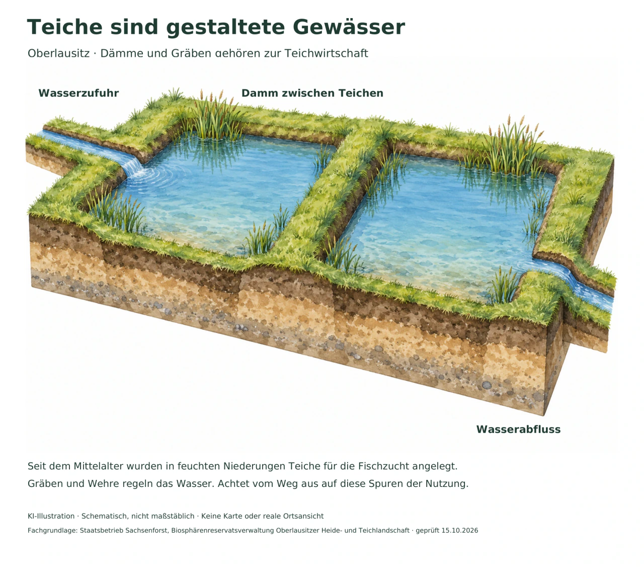 Ein schematischer Geländeblock zeigt zwei flache Teiche, einen trennenden Damm sowie einen Zulauf links und einen Ablauf rechts.