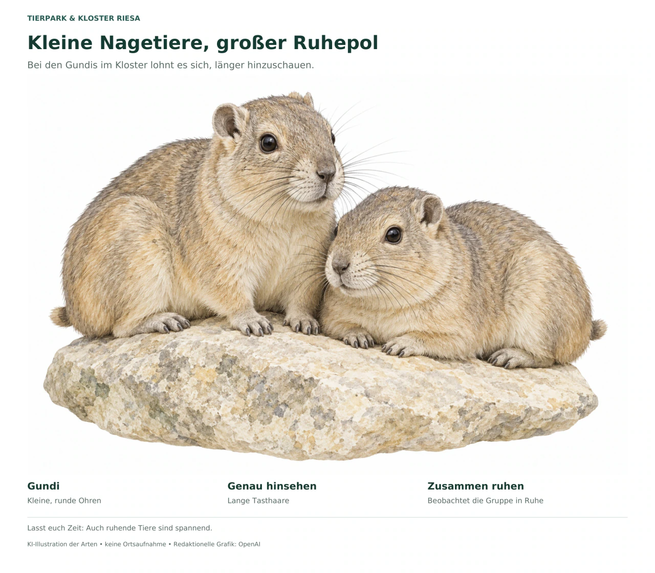 Zwei sandgraue Gundis ruhen dicht nebeneinander auf einem neutralen Stein; Beschriftungen nennen kleine Ohren und lange Tasthaare.