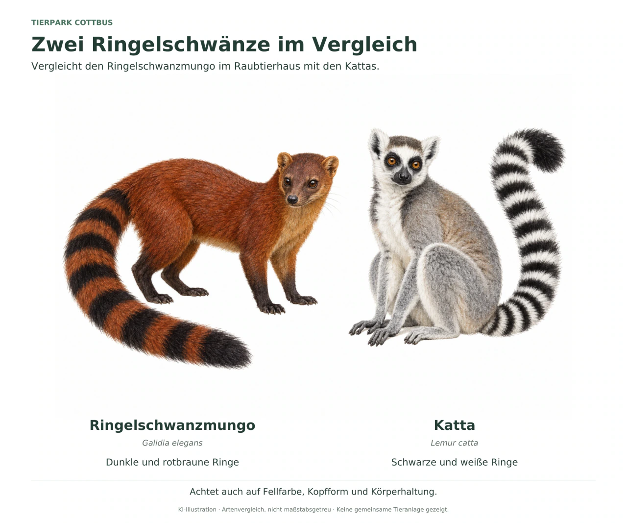 Ein rotbrauner Ringelschwanzmungo mit dunkel und rotbraun geringeltem Schwanz steht neben der getrennten Illustration eines grauen Kattas mit schwarz-weiß geringeltem Schwanz.