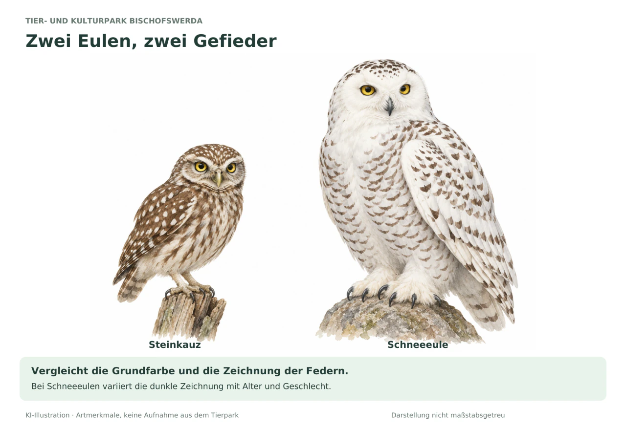 Zwei beschriftete Eulenillustrationen: links ein brauner, hell gefleckter Steinkauz; rechts eine größere weiße Schneeeule mit dunkler Bänderung. Beide haben gelbe Augen.
