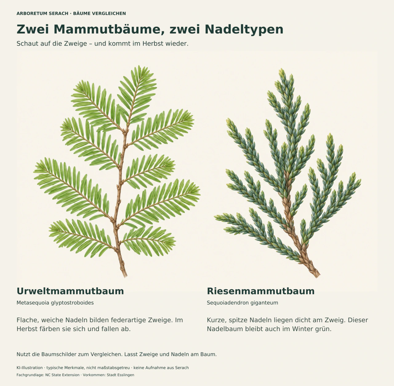 Links ein federartiger grüner Zweig des Urweltmammutbaums mit flachen Nadeln, rechts der dichte, spitze Nadelbesatz des Riesenmammutbaums. Text erklärt sommergrün gegenüber immergrün.