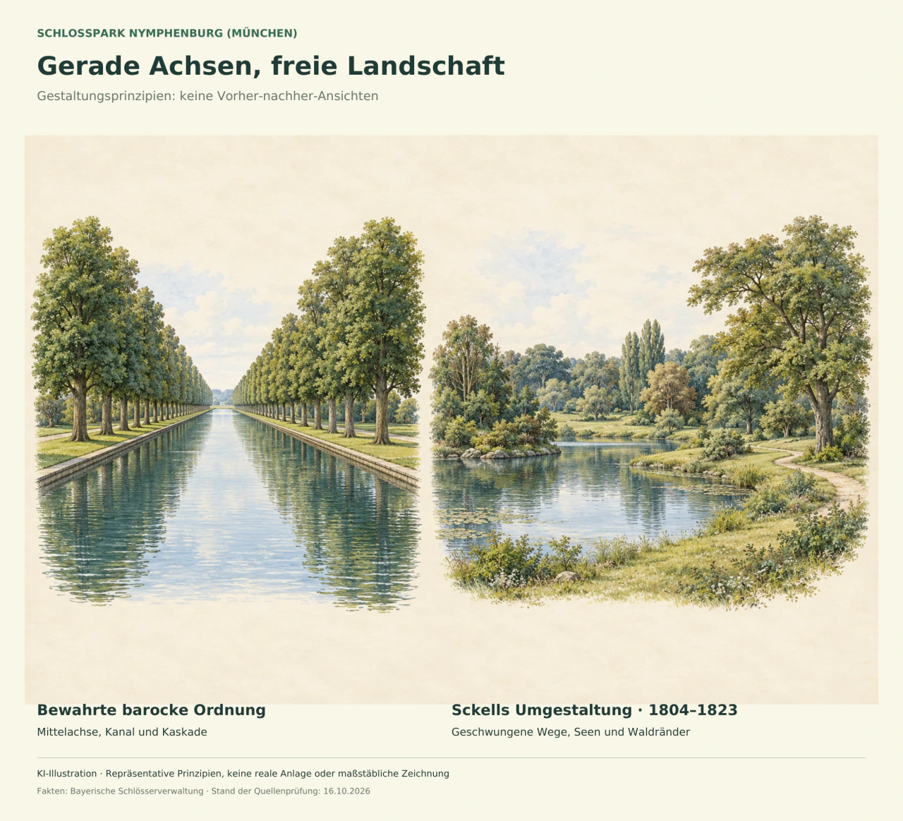Zwei Aquarellszenen vergleichen einen geraden Kanal zwischen regelmäßigen Baumreihen mit einem natürlich wirkenden See, unregelmäßigem Ufer, geschwungenem Weg und verschieden hohen Baumgruppen.