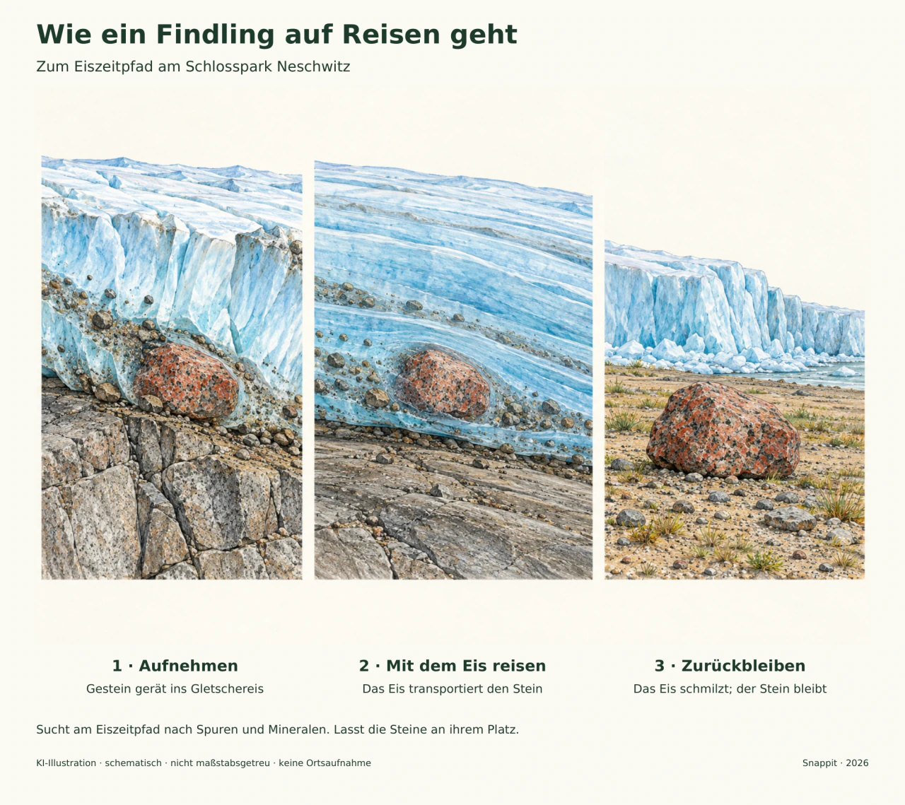Drei gezeichnete Szenen zeigen einen rot gesprenkelten Findling am Gletschergrund, im Eis und nach dem Abschmelzen auf dem Boden.
