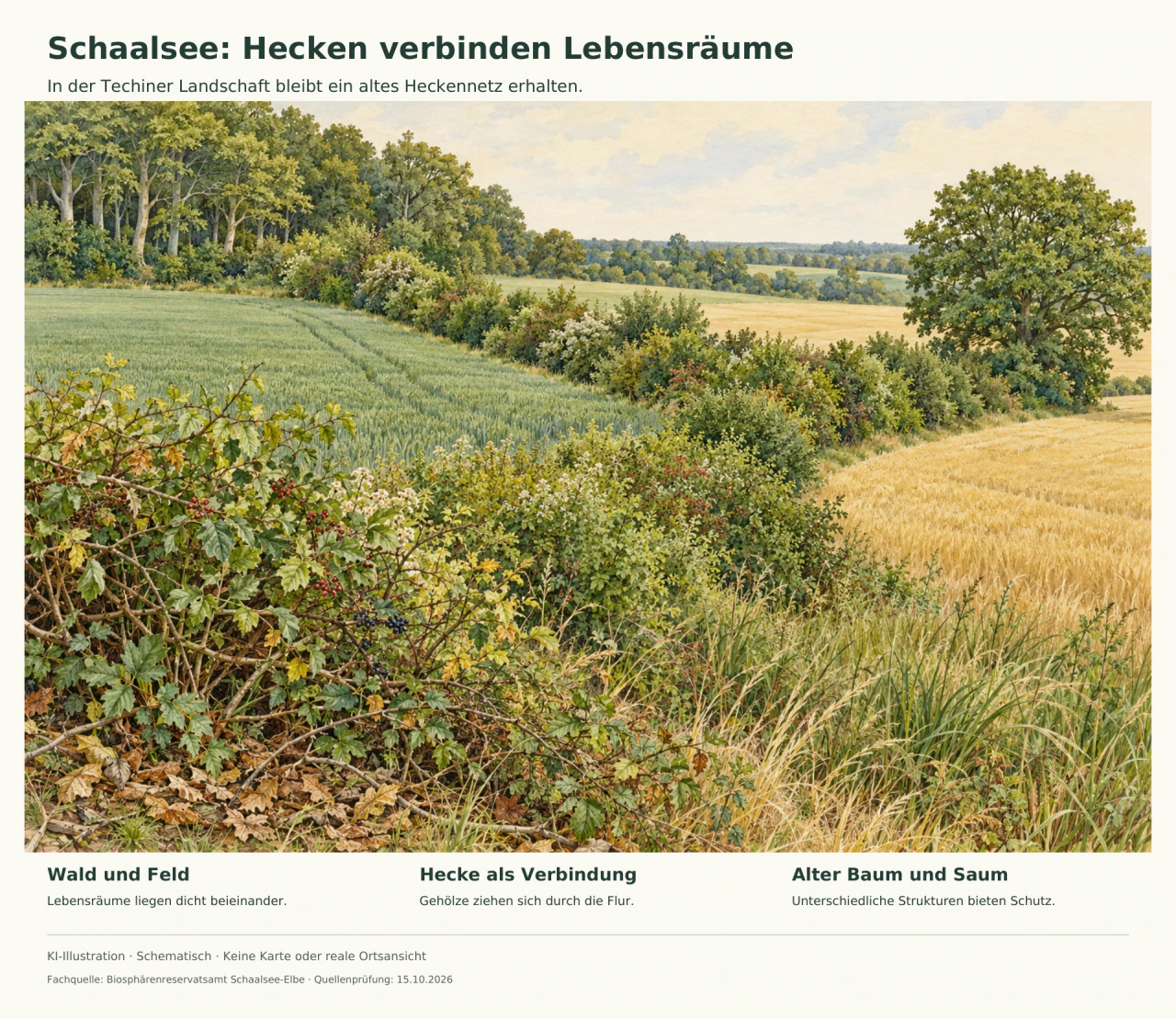 Eine gemalte Feldhecke verbindet einen Laubwald mit einem alten Baum; im Vordergrund sind Gehölze, Gras und Laubstreu zu sehen.