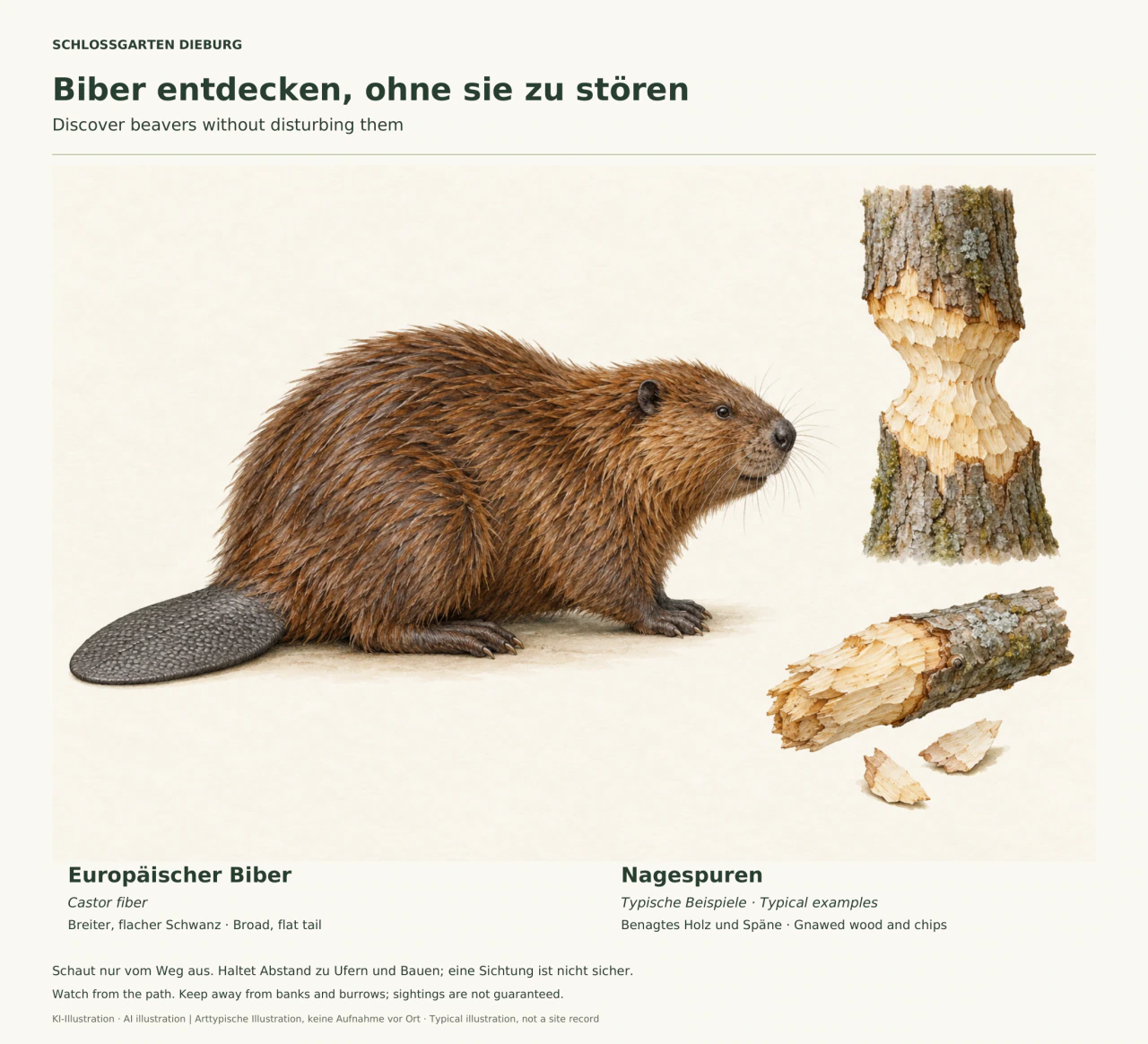 Illustration eines braunen Bibers im Seitenprofil mit breitem flachem Schwanz. Daneben ein sanduhrförmig benagter Stammabschnitt und ein angenagter Ast mit Holzspänen, getrennt auf hellem Grund.