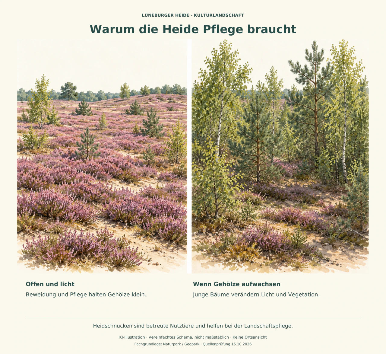 Links offene blühende Heide mit wenigen kleinen Gehölzen, rechts höhere junge Bäume und kleinere Heideflächen im Schatten.