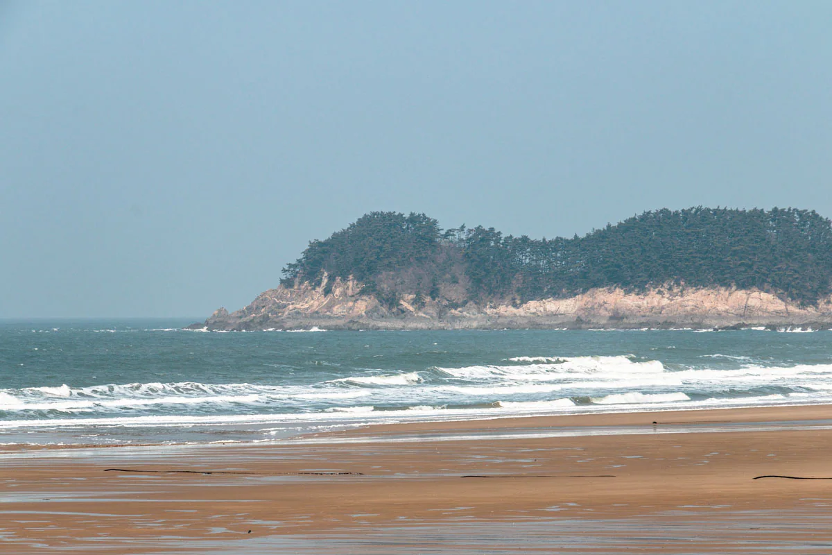 Waves cross a sandy beach with a rocky, tree-covered headland across the water.