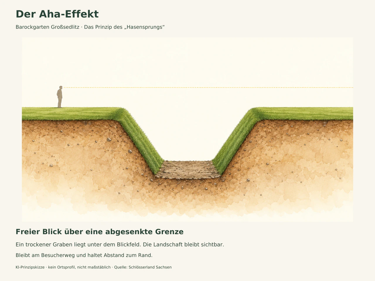 Schematischer Geländeschnitt: Eine Person steht weit links auf einer Rasenfläche. Eine gepunktete Blicklinie läuft über einen tiefen trockenen Graben zur gleich hohen Wiese rechts.