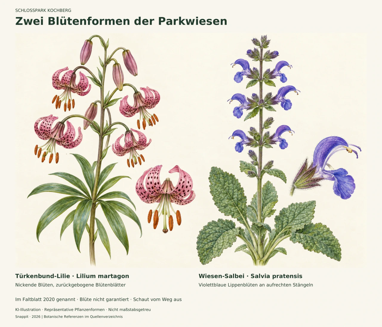 Botanische KI-Illustration einer Türkenbund-Lilie mit nickenden rosa, dunkel gefleckten Blüten und Blattquirl neben Wiesen-Salbei mit violettblauen Lippenblüten und runzeligen Grundblättern.