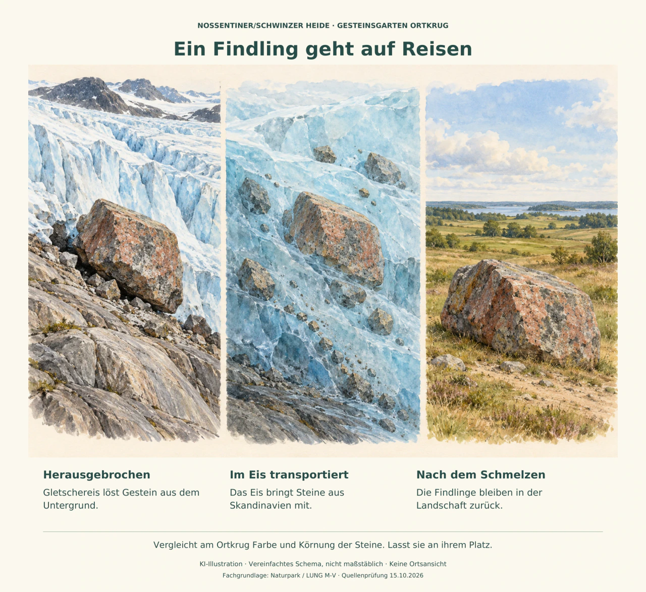 Drei Aquarelle zeigen einen rötlich-grauen Stein im Felsuntergrund, im Gletschereis und nach dem Abschmelzen auf sandigem Boden.