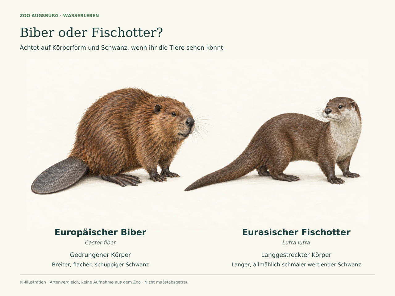 Links ein gedrungener Europäischer Biber, Castor fiber, mit breitem, flachem und schuppigem Schwanz. Rechts ein schlankerer Eurasischer Fischotter, Lutra lutra, mit langem, spitz zulaufendem Schwanz. Beschriftete KI-Illustration, nicht maßstabsgetreu.