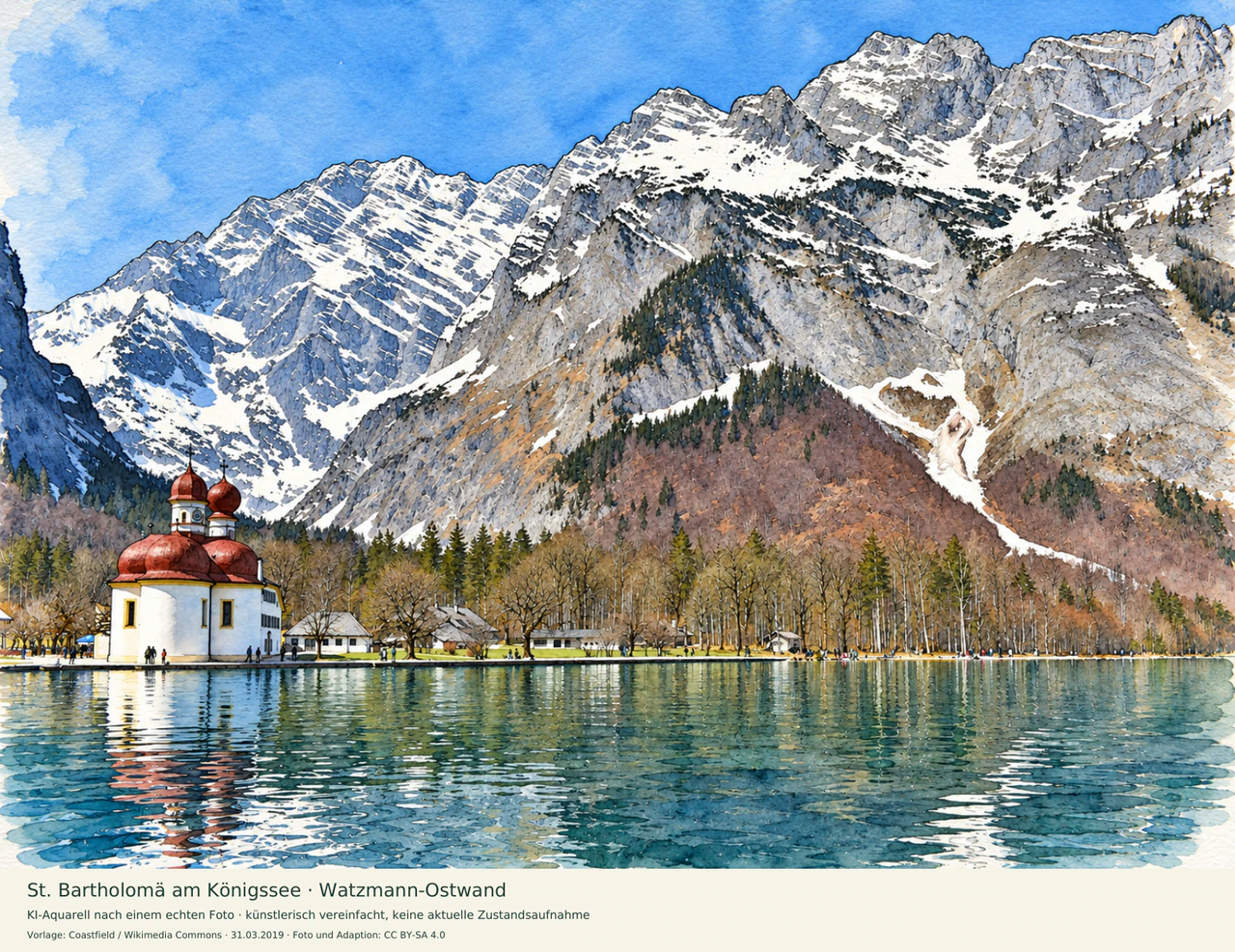 KI-Aquarell von St. Bartholomä mit weißen Mauern und roten Kuppeln am Ufer des Königssees. Dahinter erhebt sich die schneebedeckte Watzmann-Ostwand; Kirche, Bäume und Berge spiegeln sich im See.