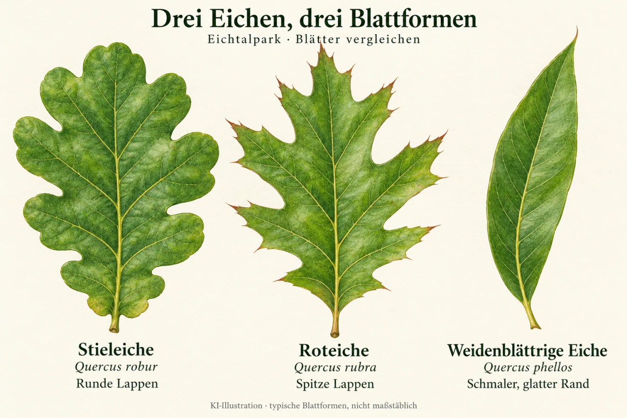 Drei grüne Blätter nebeneinander: links Stieleiche mit rundlichen Lappen, mittig Roteiche mit spitzen Lappen, rechts eine schmale, ganzrandige Weidenblättrige Eiche. Deutsche Namen und wissenschaftliche Namen stehen darunter.