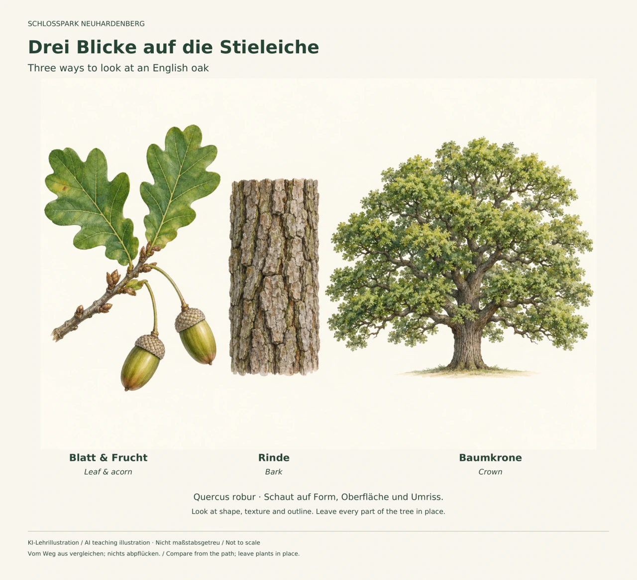 Botanische Illustration mit Eichenblättern und zwei lang gestielten Eicheln links, einem graubraunen Rindenstück in der Mitte und einem breit ausladenden Eichenbaum rechts.