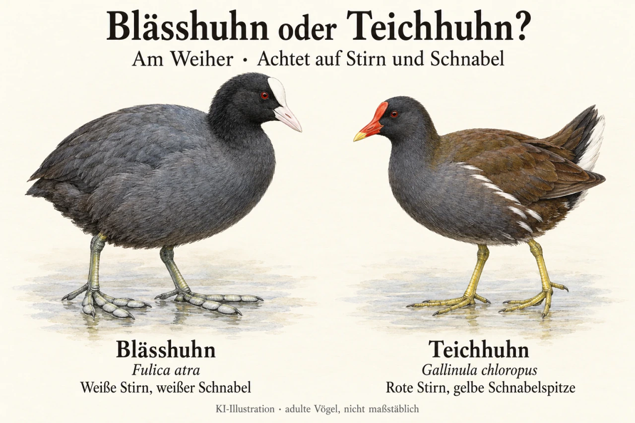 Links steht ein rundliches dunkles Blässhuhn mit weißem Stirnschild und Schnabel sowie gelappten Zehen. Rechts ein Teichhuhn mit roter Stirn, gelber Schnabelspitze, weißen Flankenstrichen und schlanken grünen Zehen. Beide sind beschriftet.