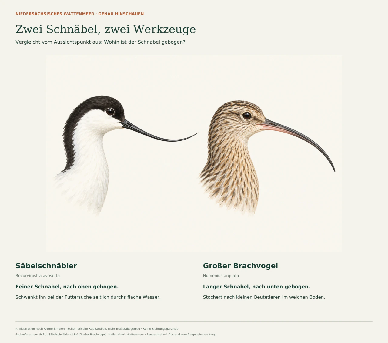 Zwei gezeichnete Vogelköpfe im Profil: links ein schwarz-weißer Säbelschnäbler mit feinem, aufwärts gebogenem Schnabel; rechts ein braun gesprenkelter Großer Brachvogel mit langem, abwärts gebogenem Schnabel. Text erklärt seitliches Schwenken im Wasser und Stochern im Boden.