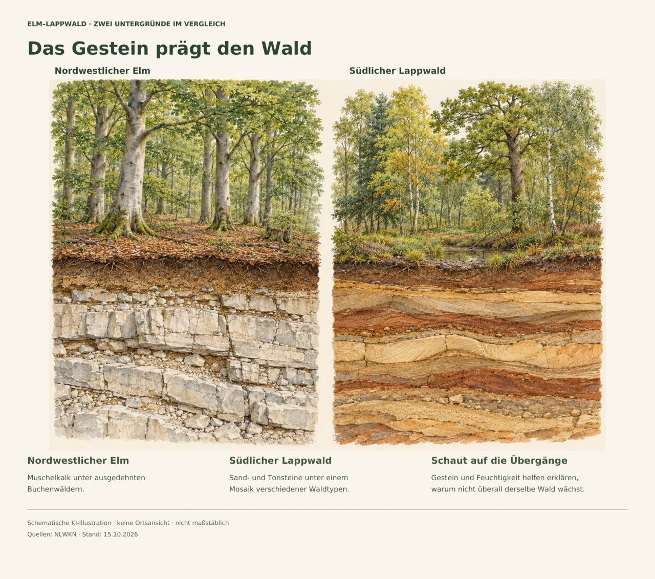 Zwei gezeichnete Waldschnitte: links Buchen über hellem Kalkstein, rechts Mischwald über Sand- und Tonsteinschichten mit einer feuchten Senke.