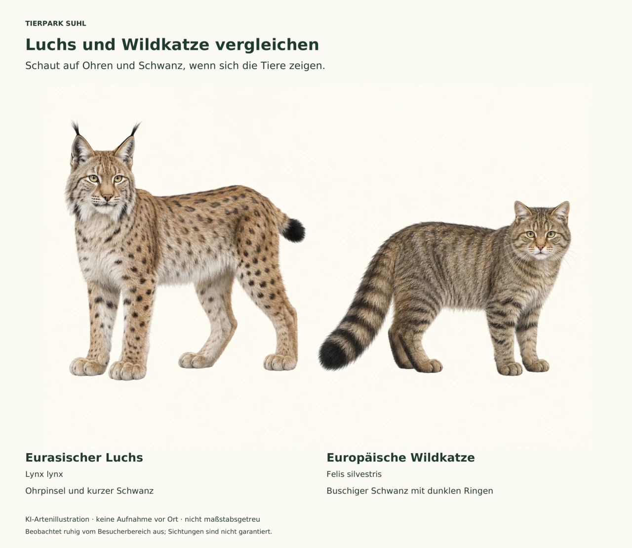 KI-Illustration zweier stehender Katzen auf hellem Grund: Links ein gefleckter Eurasischer Luchs mit Ohrpinseln und kurzem schwarzen Schwanzende, rechts eine graubraune Europäische Wildkatze mit buschigem, dunkel geringeltem Schwanz. Deutsche Beschriftungen benennen Arten und Merkmale.