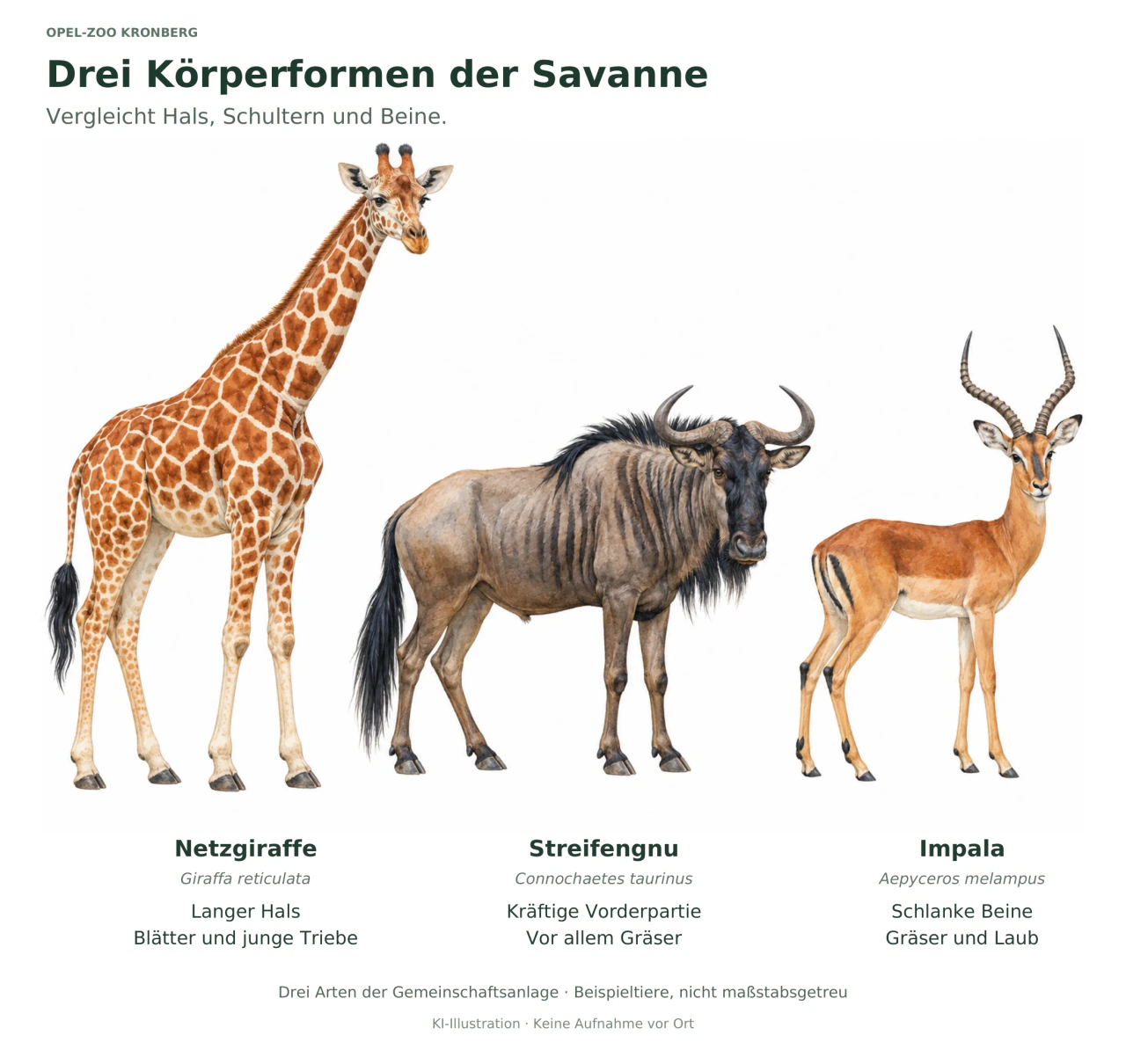 Drei gezeichnete Huftiere nebeneinander: eine Netzgiraffe mit langem Hals und netzartigem Fellmuster, ein Streifengnu mit kräftigen Schultern und Bart und ein schlanker männlicher Impala mit geschwungenen Hörnern. Deutsche Form- und Nahrungshinweise stehen darunter.