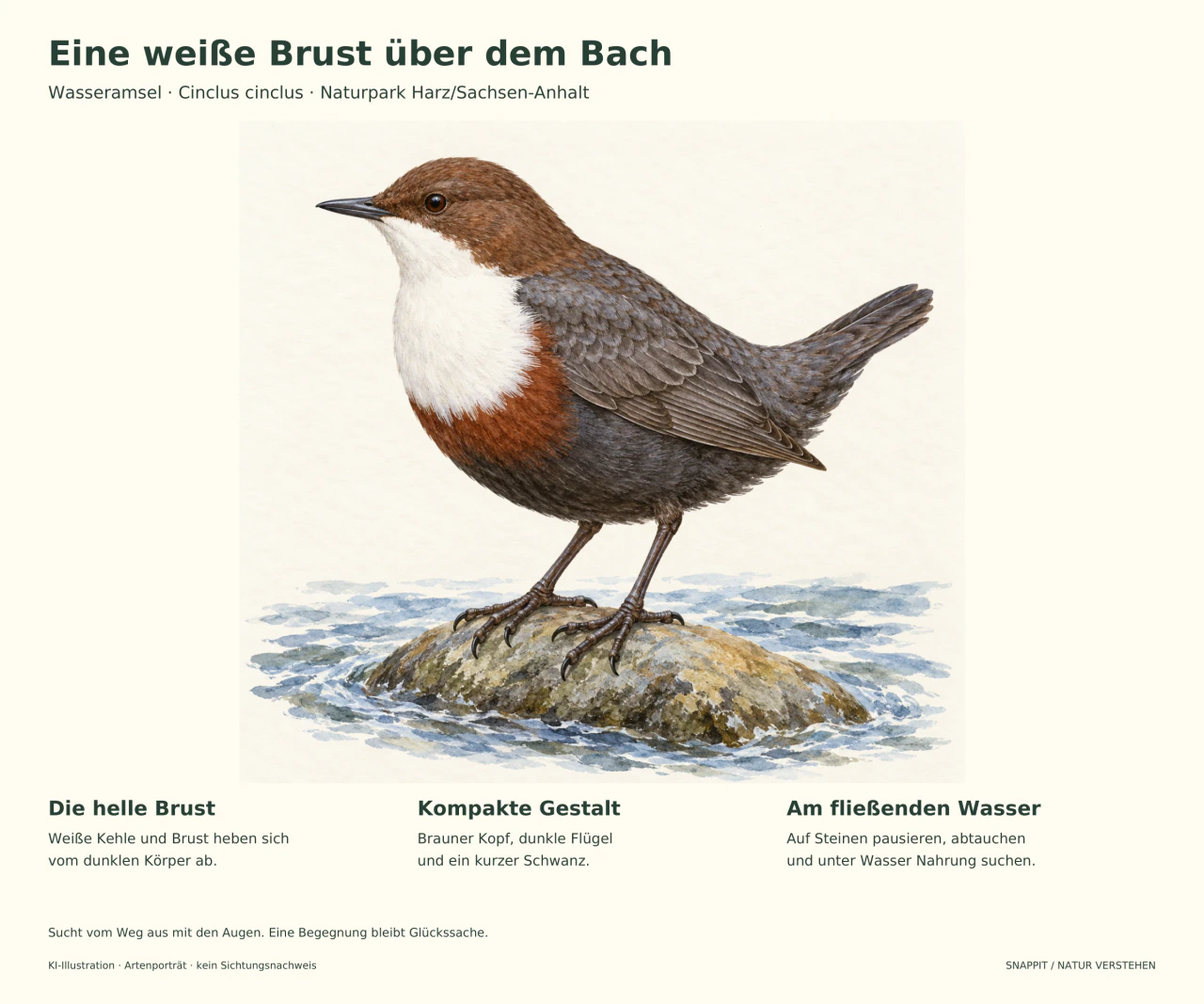 Eine Wasseramsel mit weißer Brust, braunem Kopf und dunklen Flügeln steht auf einem Stein zwischen Wasserwellen.