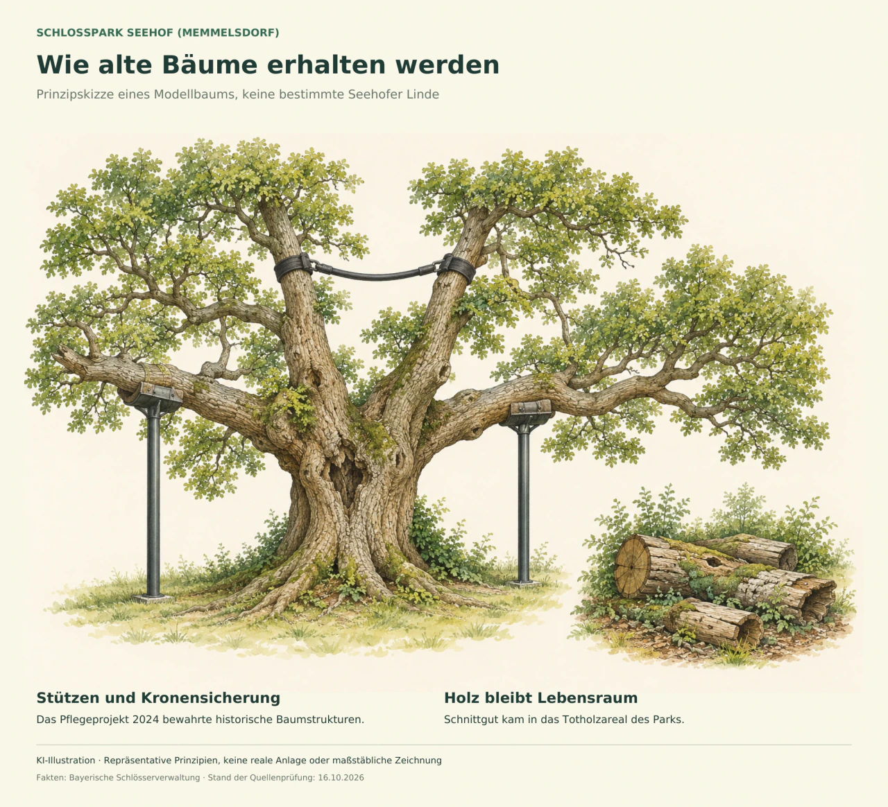 Eine Illustration zeigt einen alten Modellbaum mit zwei von gepolsterten Metallstützen getragenen Ästen und einem dunklen Sicherungsband zwischen zwei Kronenteilen. Rechts unten liegt ein kleiner Stapel vermodernder Holzstücke.